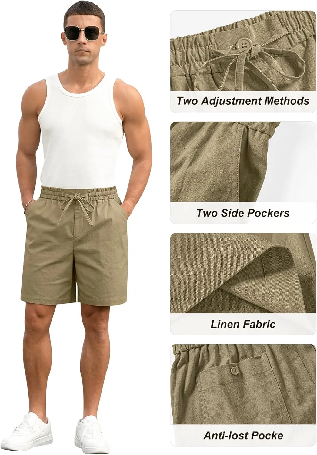 RQP Mens Cotton Linen Shorts Casual Drawstring 7inch Inseam Shorts Stretch Summer Beach Wear