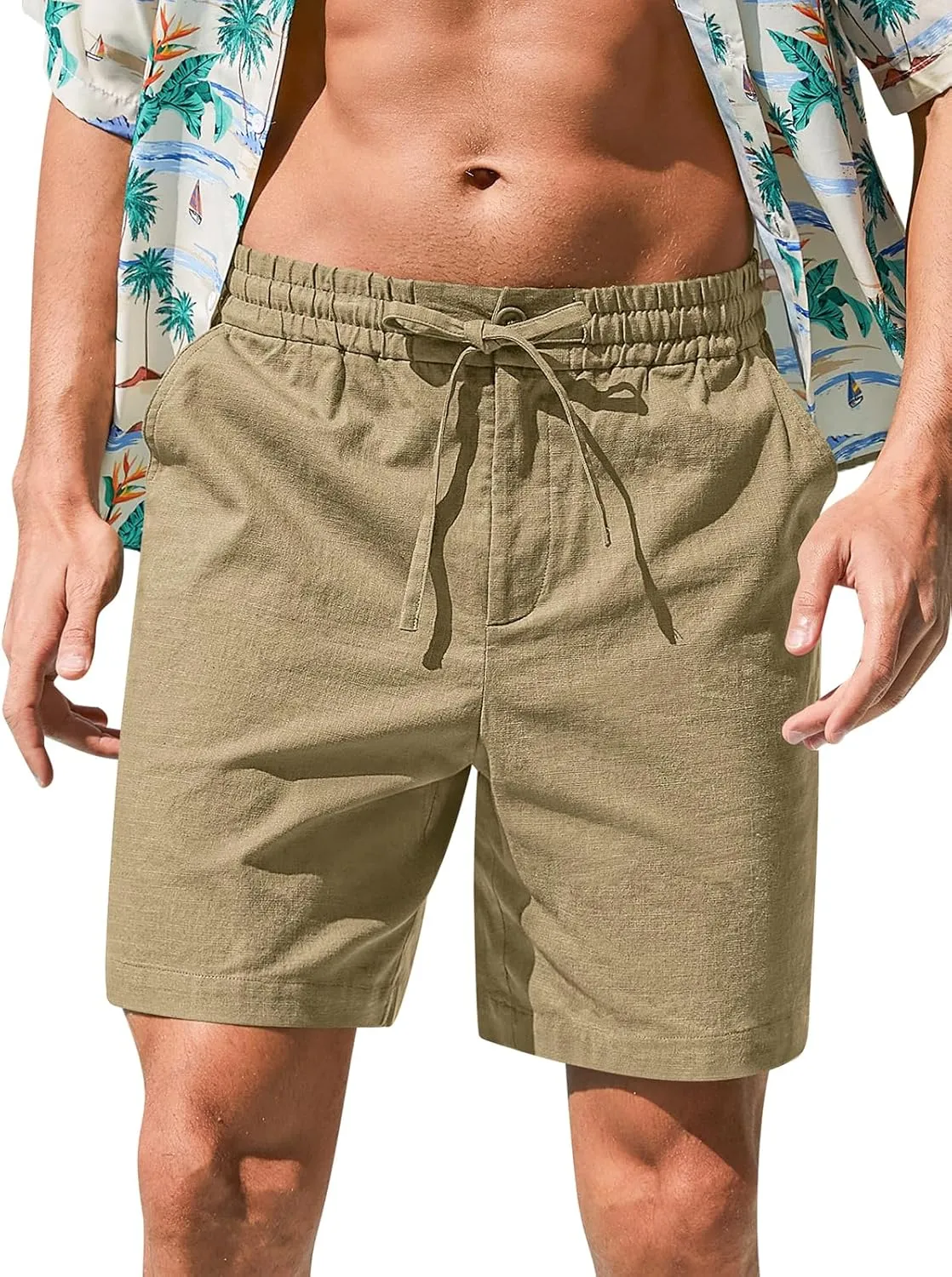 RQP Mens Cotton Linen Shorts Casual Drawstring 7inch Inseam Shorts Stretch Summer Beach Wear