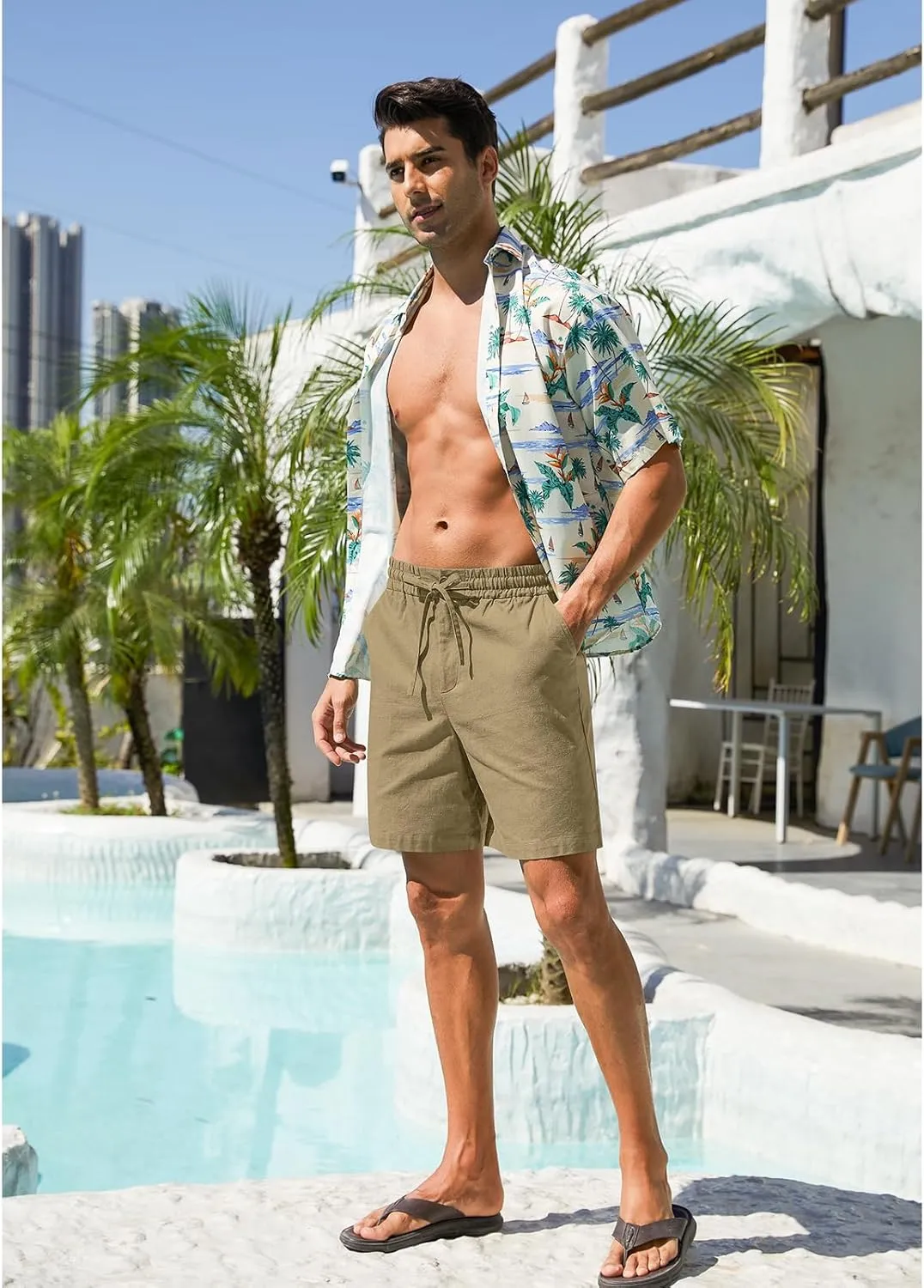 RQP Mens Cotton Linen Shorts Casual Drawstring 7inch Inseam Shorts Stretch Summer Beach Wear