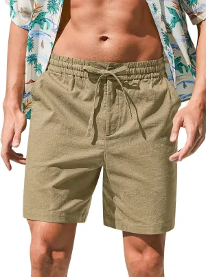 RQP Mens Cotton Linen Shorts Casual Drawstring 7inch Inseam Shorts Stretch Summer Beach Wear