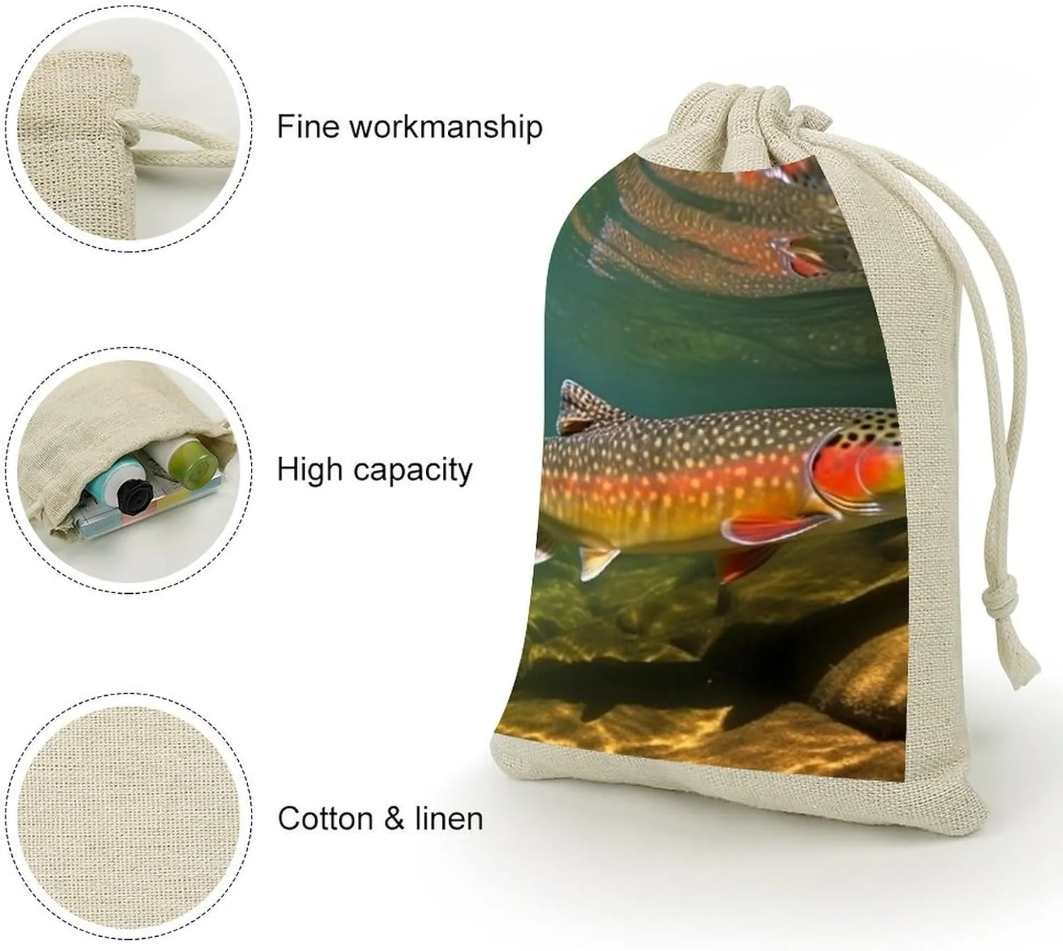 RTFGHJS 8 Pieces Drawstring Bags Brook Trout Fly Fishing Burlap Pouch Bag Linen Gift Pocket Jewelry Pouch for DIY Craft Party