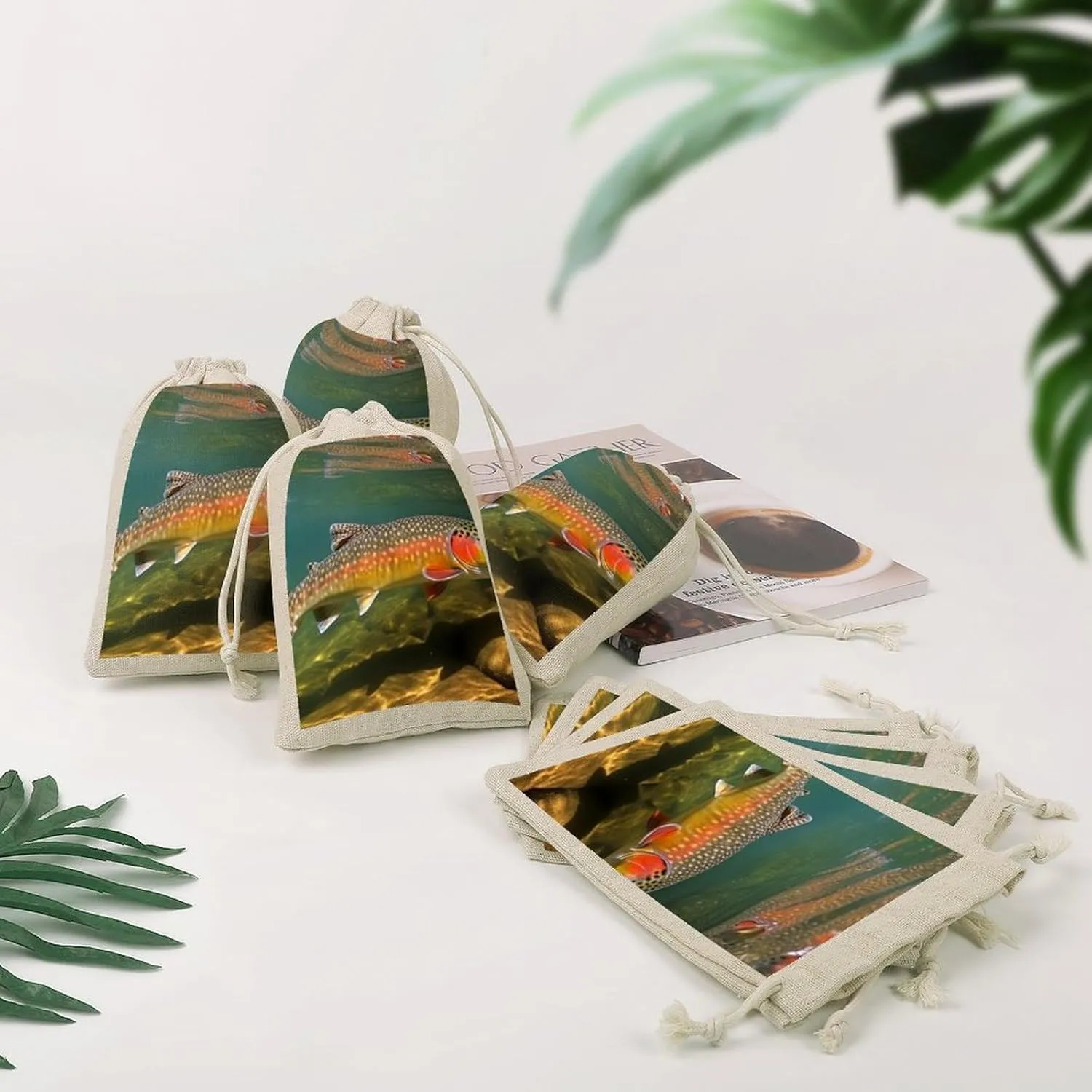 RTFGHJS 8 Pieces Drawstring Bags Brook Trout Fly Fishing Burlap Pouch Bag Linen Gift Pocket Jewelry Pouch for DIY Craft Party