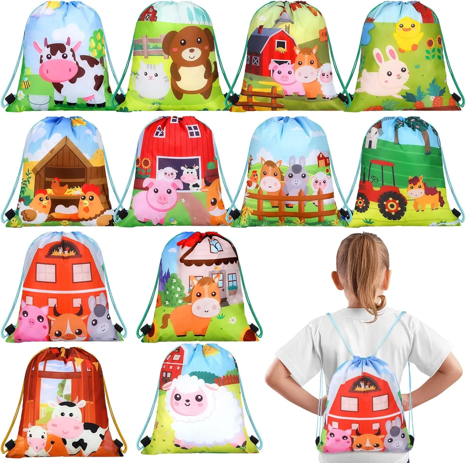 Rtteri 24 Pack Farm Drawstring Bags 12 x 10 Inch Farm Animal Party Favor Gifts Bag Birthday Party Supplies Animal Backpack Drawstring Pouches Wrap Goodie Bags for Kids Girls Boys Travel Decorations