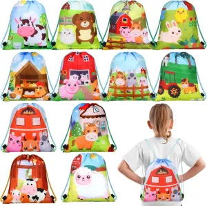 Rtteri 24 Pack Farm Drawstring Bags 12 x 10 Inch Farm Animal Party Favor Gifts Bag Birthday Party Supplies Animal Backpack Drawstring Pouches Wrap Goodie Bags for Kids Girls Boys Travel Decorations