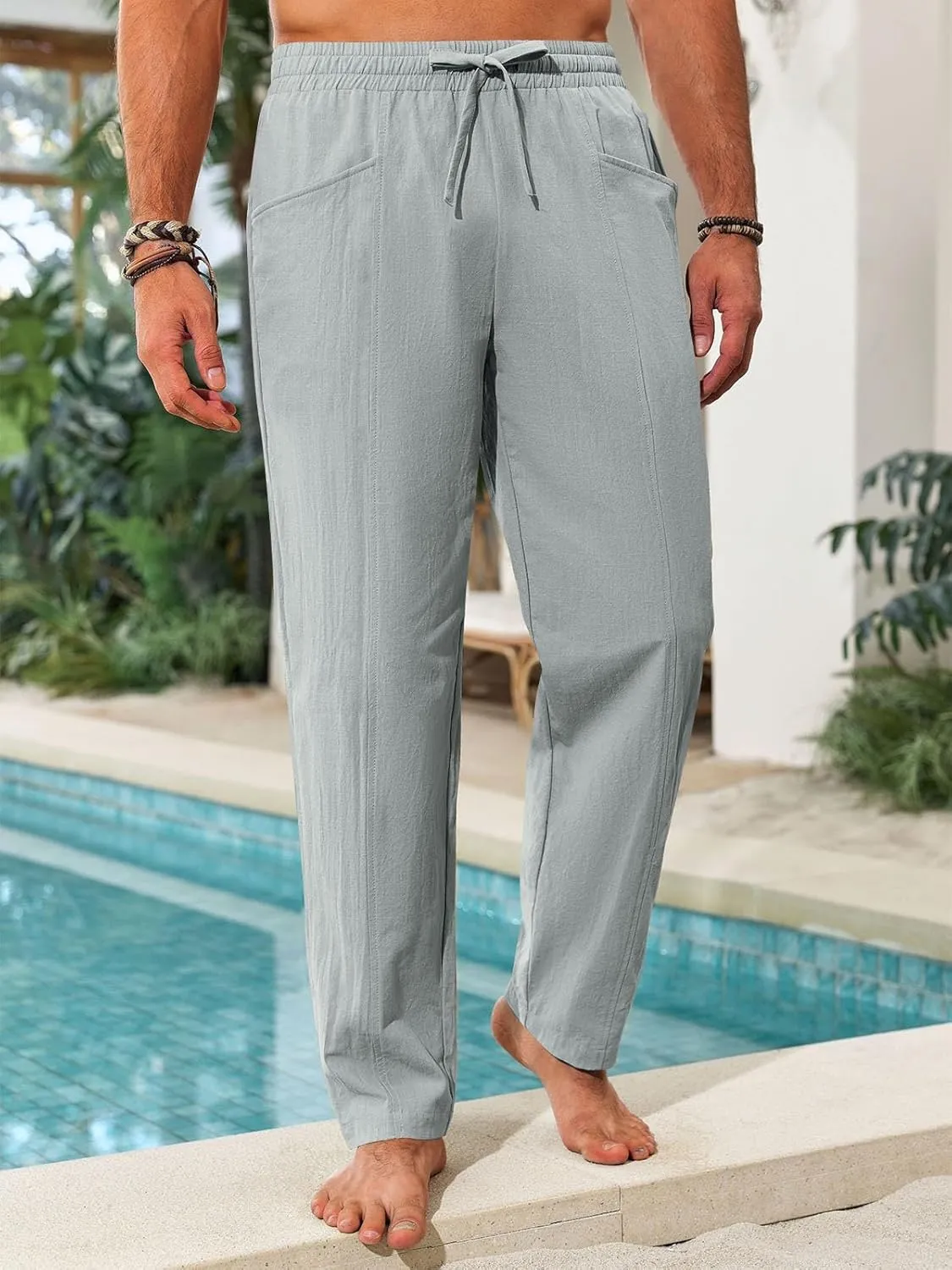 Runcati Mens Casual Pants Elastic Waist Drawstring Cotton Linen Pants Yoga Beach Summer Lightweight Trousers