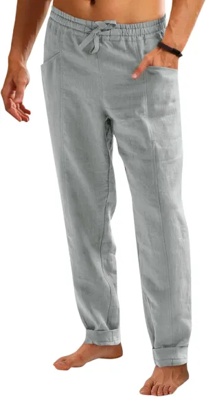 Runcati Mens Casual Pants Elastic Waist Drawstring Cotton Linen Pants Yoga Beach Summer Lightweight Trousers