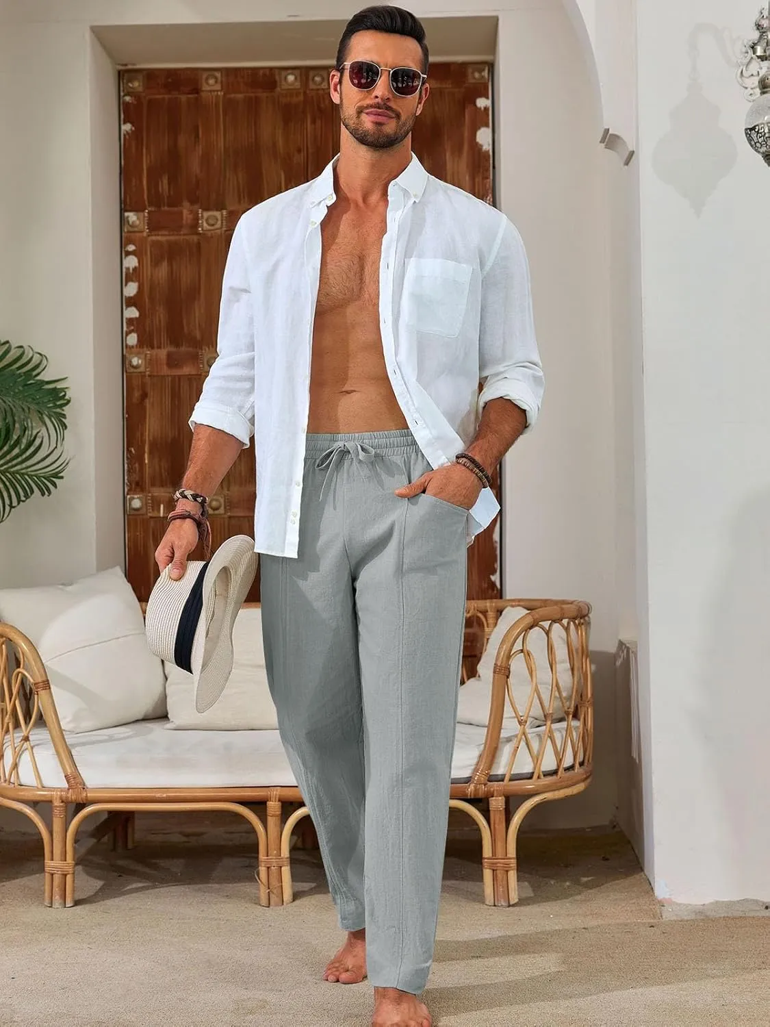 Runcati Mens Casual Pants Elastic Waist Drawstring Cotton Linen Pants Yoga Beach Summer Lightweight Trousers