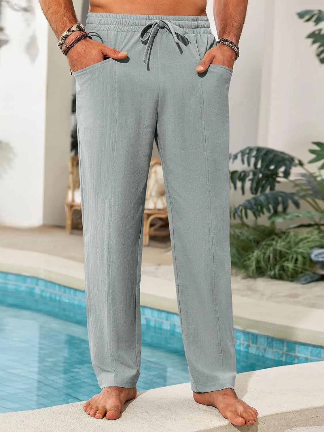 Runcati Mens Casual Pants Elastic Waist Drawstring Cotton Linen Pants Yoga Beach Summer Lightweight Trousers