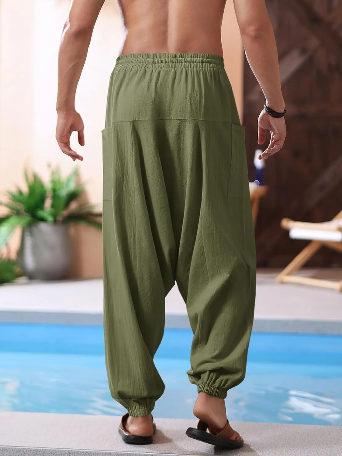Runcati Mens Harem Pants Baggy Hippie Casual Cotton Linen Loose Boho Yoga Beach Drop Crotch Trouser