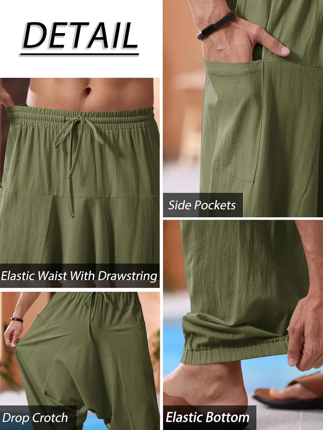 Runcati Mens Harem Pants Baggy Hippie Casual Cotton Linen Loose Boho Yoga Beach Drop Crotch Trouser