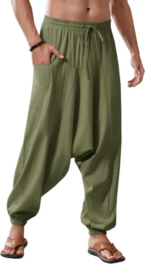 Runcati Mens Harem Pants Baggy Hippie Casual Cotton Linen Loose Boho Yoga Beach Drop Crotch Trouser