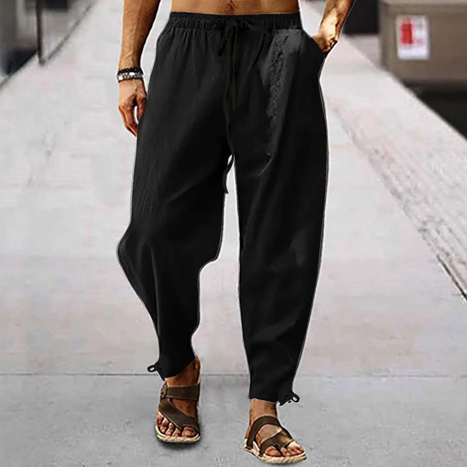 Running Pants for Men Cotton Linen Big and Tall Workout Pleated Relaxed Fit Loose Trousers Outdoor Hiking Gym Pants