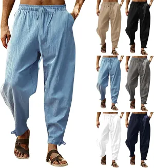 Running Pants for Men Cotton Linen Big and Tall Workout Pleated Relaxed Fit Loose Trousers Outdoor Hiking Gym Pants