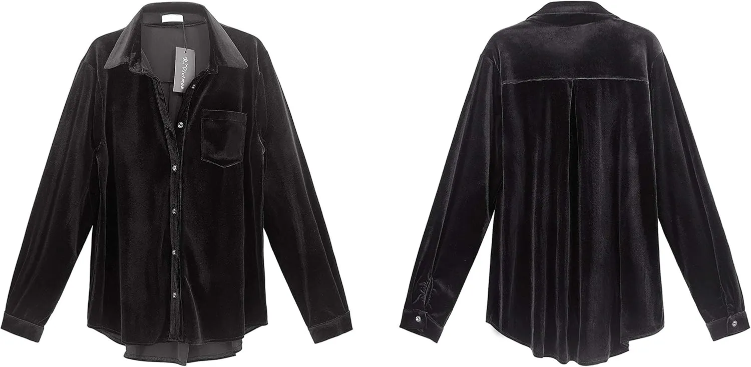 R.Vivimos Womens Winter Velvet Long Sleeve Button Down Casual Tops Shirts