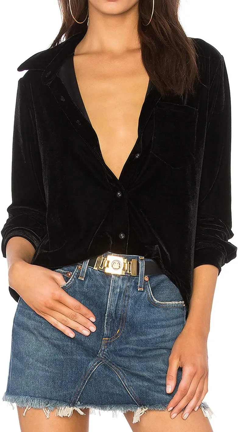 R.Vivimos Womens Winter Velvet Long Sleeve Button Down Casual Tops Shirts
