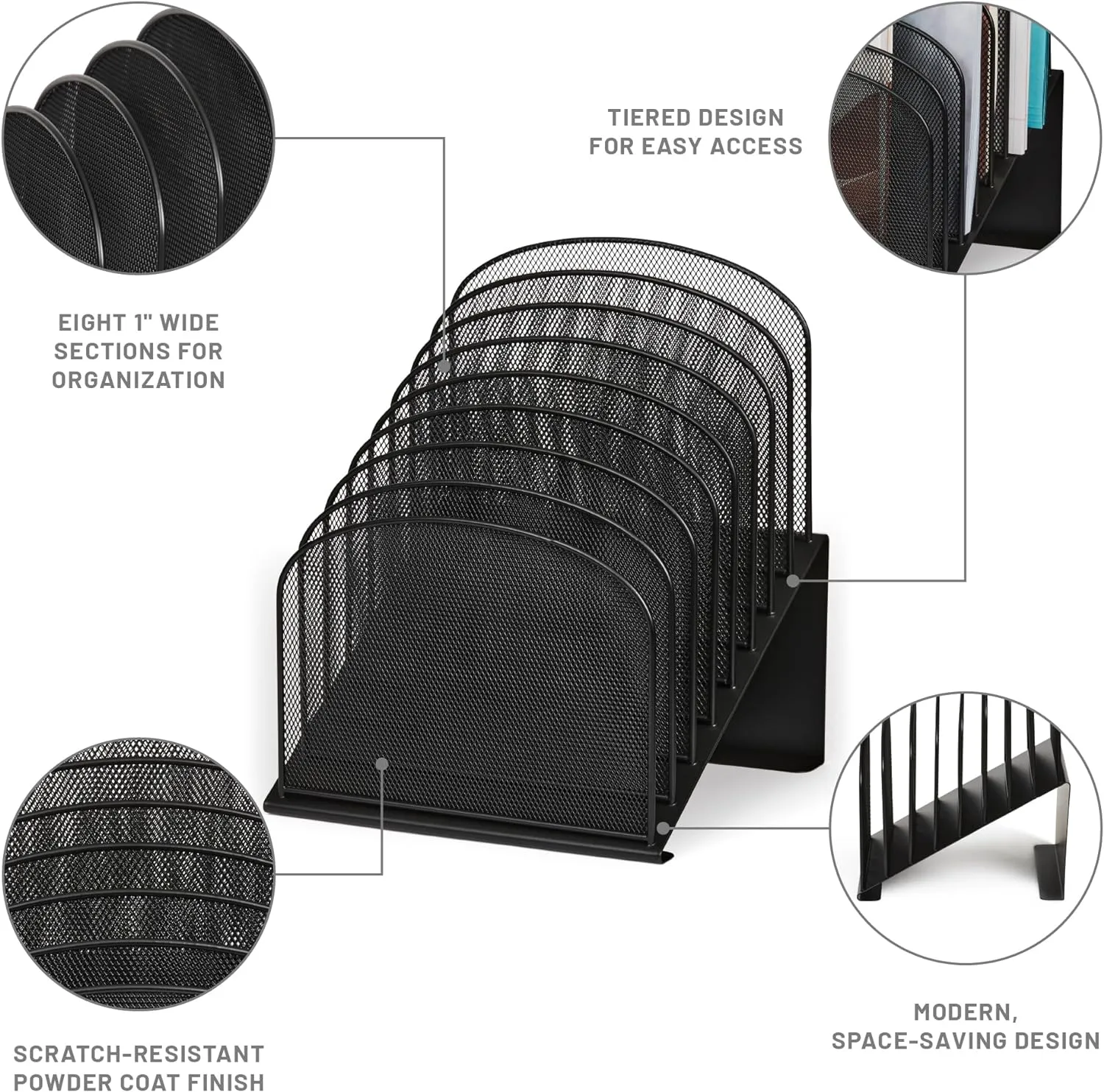 Safco Onyx Desk Organizer, 8 Tiered Vertical Compartments, Office and Classroom Mailbox , Paper and Mail Sorter, Steel Mesh, Black