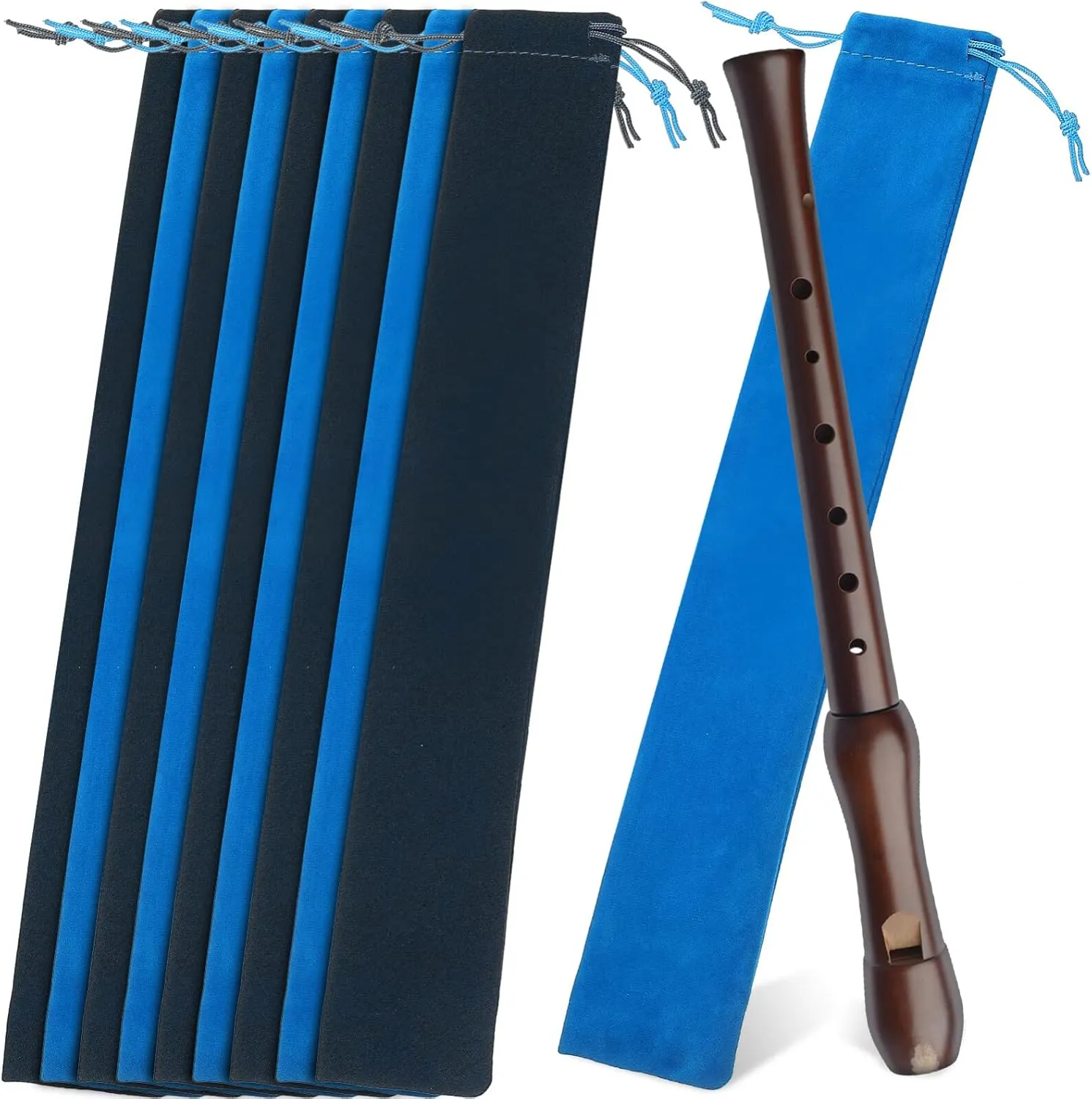 SAFIGLE 10Pcs Flute Storage Bag - Suede Drawstring Pouch for Flutes, Harmonicas, Drumsticks, Recorders, 14.56x2.36 Inch, Blue & Black, Music Instrument Case for Home & Travel