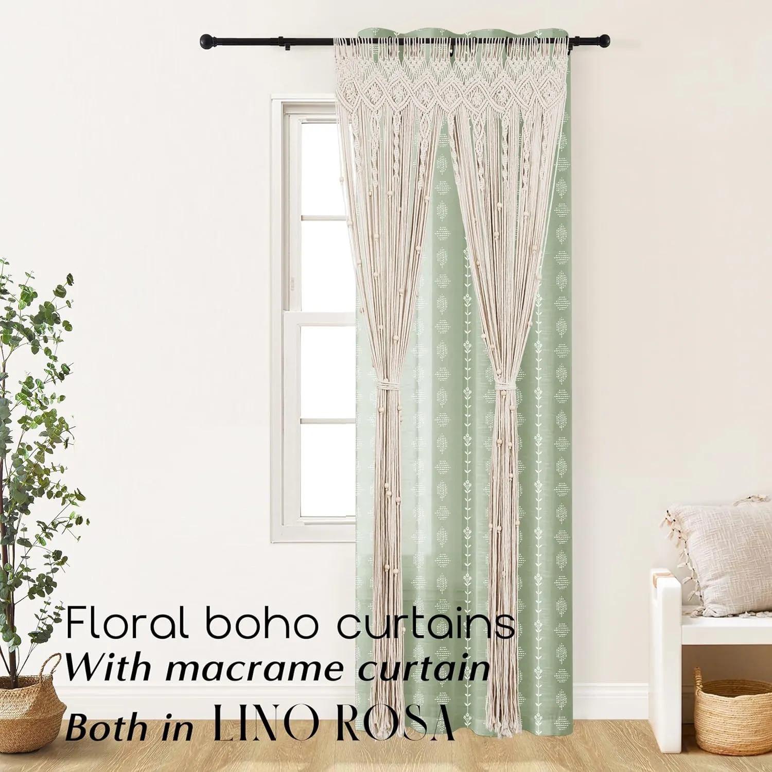 Sage Green Curtains for Bedroom 84 Inches Long Sheer Linen Boho Floral Vintage Patterned Window Curtains 2 Panel Sets Living Room,Light Green
