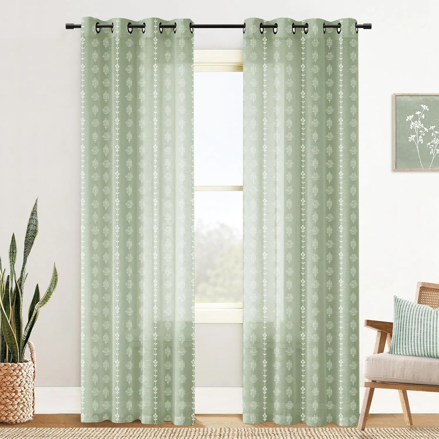 Sage Green Curtains for Bedroom 84 Inches Long Sheer Linen Boho Floral Vintage Patterned Window Curtains 2 Panel Sets Living Room,Light Green