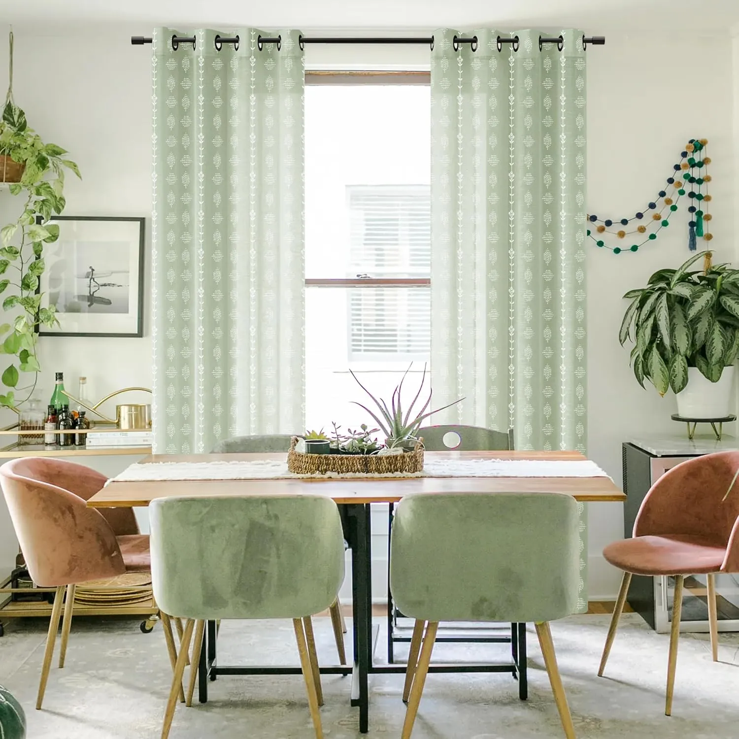 Sage Green Curtains for Bedroom 84 Inches Long Sheer Linen Boho Floral Vintage Patterned Window Curtains 2 Panel Sets Living Room,Light Green