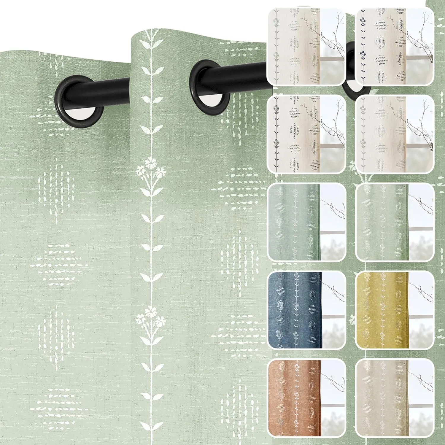 Sage Green Curtains for Bedroom 84 Inches Long Sheer Linen Boho Floral Vintage Patterned Window Curtains 2 Panel Sets Living Room,Light Green