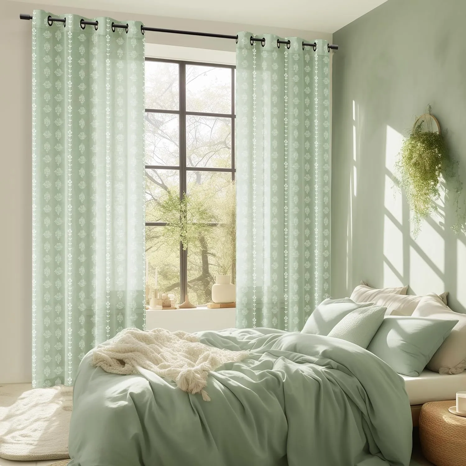 Sage Green Curtains for Bedroom 84 Inches Long Sheer Linen Boho Floral Vintage Patterned Window Curtains 2 Panel Sets Living Room,Light Green