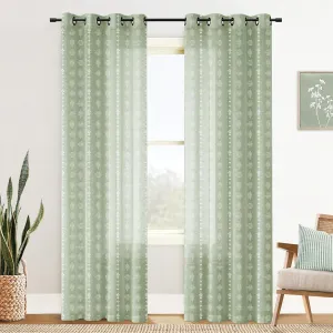 Sage Green Curtains for Bedroom 84 Inches Long Sheer Linen Boho Floral Vintage Patterned Window Curtains 2 Panel Sets Living Room,Light Green