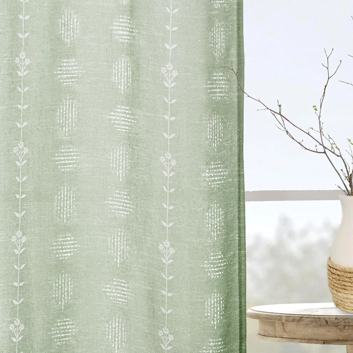 Sage Green Curtains for Bedroom 84 Inches Long Sheer Linen Boho Floral Vintage Patterned Window Curtains 2 Panel Sets Living Room,Light Green