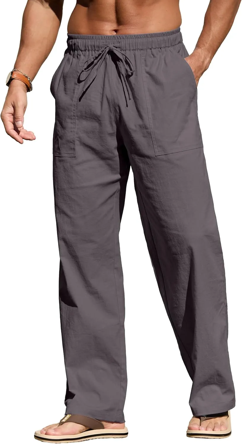 Sailwind Men's Casual Linen Pants Beach Summer Elastic Waist Drawstring Pants Lightweight Linen Trousers