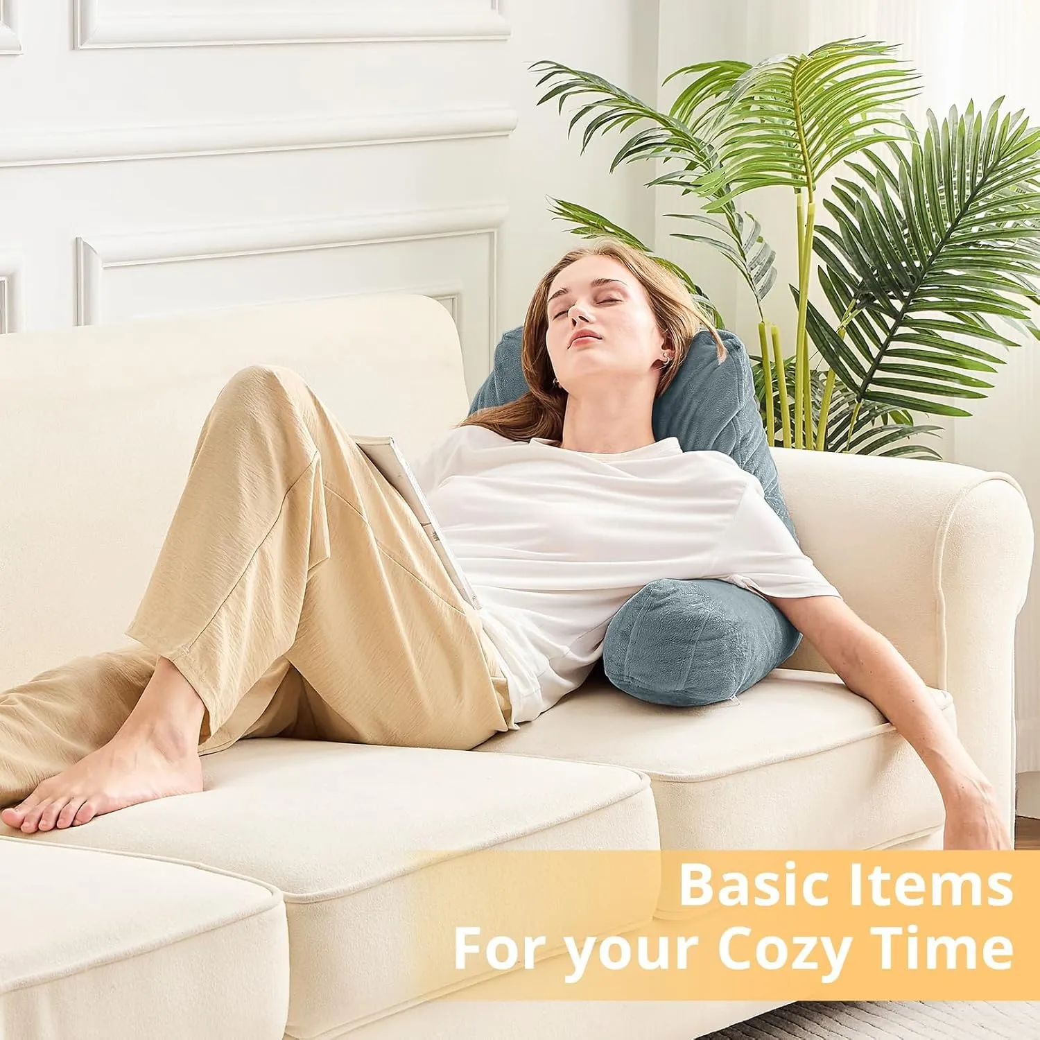 Sasttie Reading Pillow, Velvet Back Pillow for Bed Sitting Up, Adult Back-Rest Support Cushion with Arms for Sit Up on Couch, Sofa, and Floor, Dorm Essentials, Reading Accessories, Bluish Grey