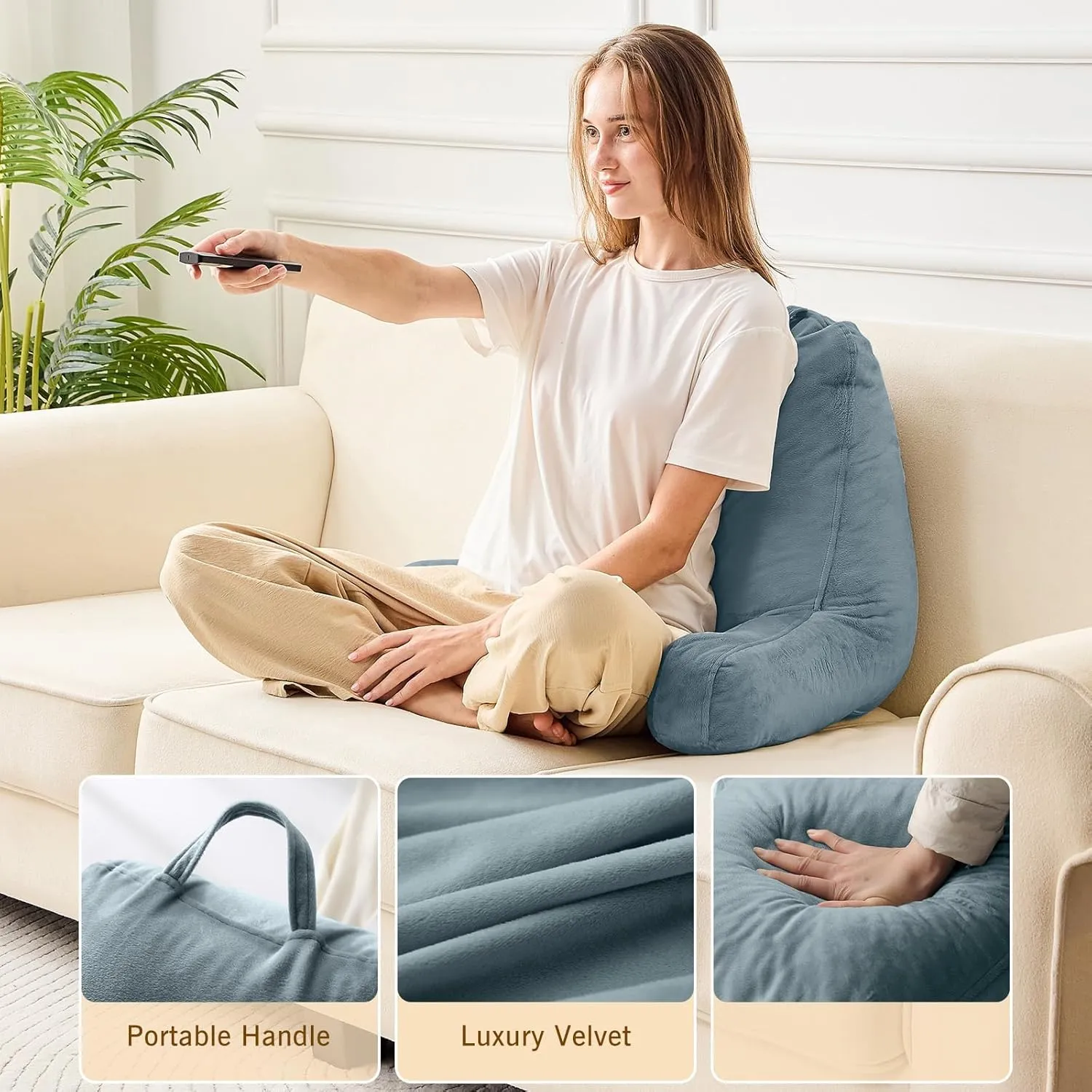 Sasttie Reading Pillow, Velvet Back Pillow for Bed Sitting Up, Adult Back-Rest Support Cushion with Arms for Sit Up on Couch, Sofa, and Floor, Dorm Essentials, Reading Accessories, Bluish Grey