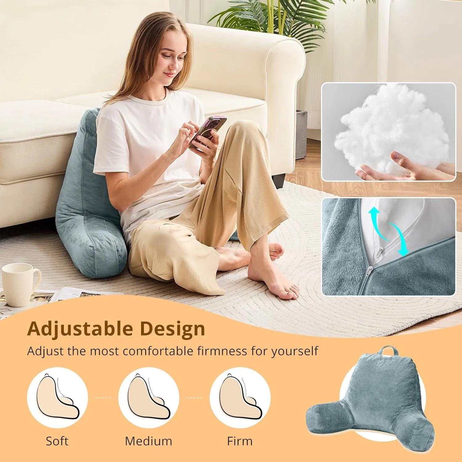 Sasttie Reading Pillow, Velvet Back Pillow for Bed Sitting Up, Adult Back-Rest Support Cushion with Arms for Sit Up on Couch, Sofa, and Floor, Dorm Essentials, Reading Accessories, Bluish Grey