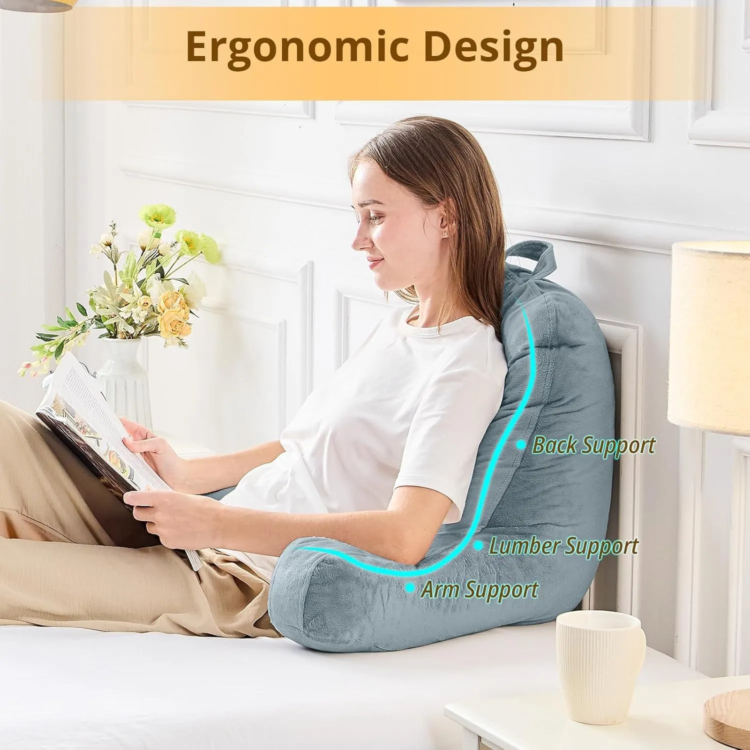 Sasttie Reading Pillow, Velvet Back Pillow for Bed Sitting Up, Adult Back-Rest Support Cushion with Arms for Sit Up on Couch, Sofa, and Floor, Dorm Essentials, Reading Accessories, Bluish Grey