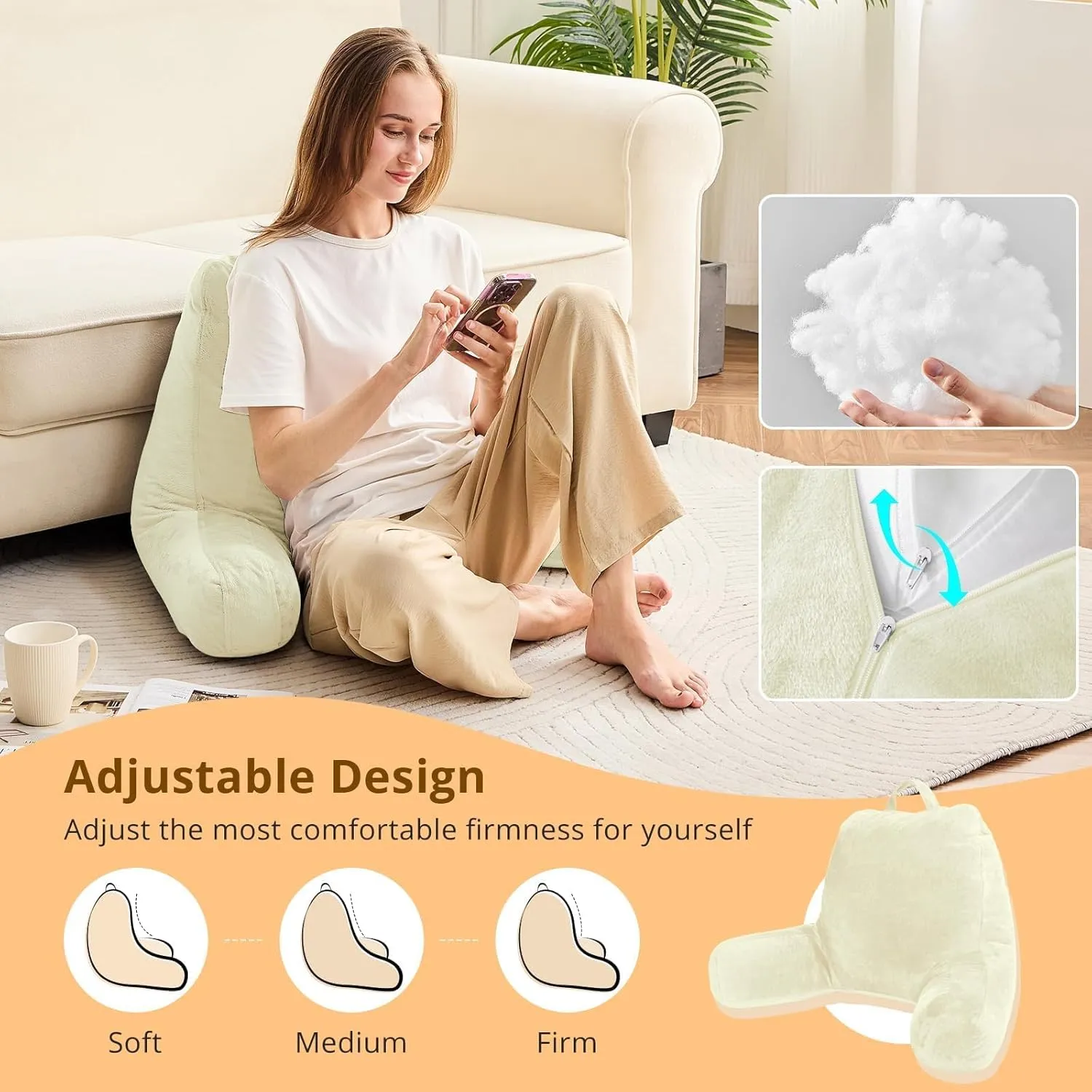 Sasttie Reading Pillow, Velvet Back Pillow for Bed Sitting Up, Adult Back-Rest Support Cushion with Arms for Sit Up on Couch, Sofa, and Floor, Dorm Essentials, Reading Accessories, Cream