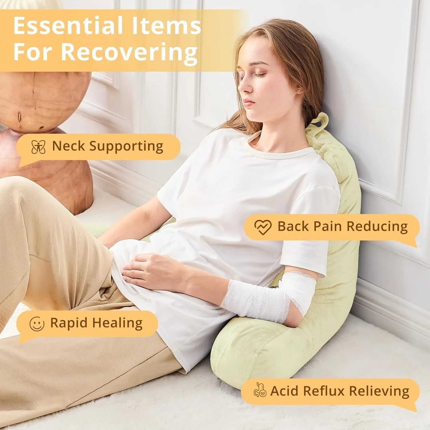 Sasttie Reading Pillow, Velvet Back Pillow for Bed Sitting Up, Adult Back-Rest Support Cushion with Arms for Sit Up on Couch, Sofa, and Floor, Dorm Essentials, Reading Accessories, Cream