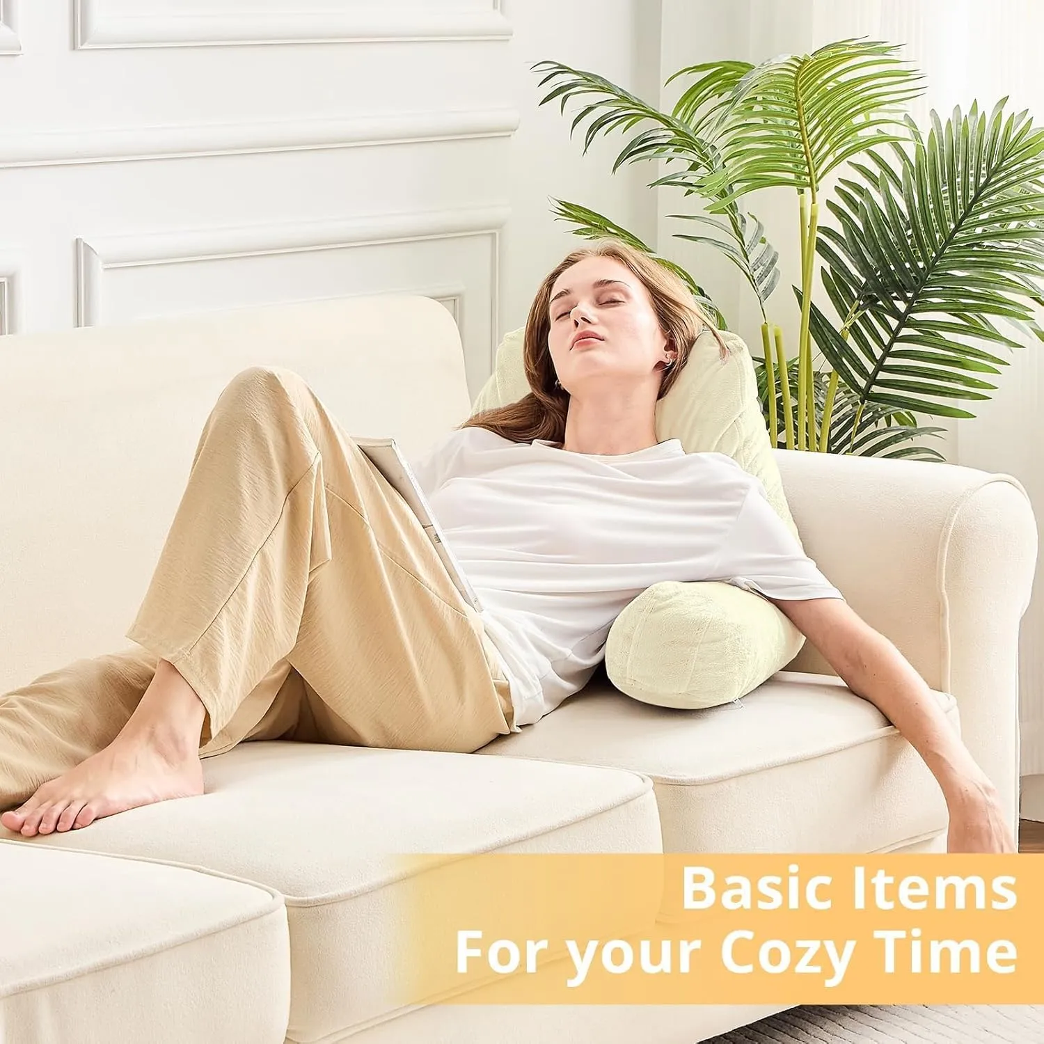 Sasttie Reading Pillow, Velvet Back Pillow for Bed Sitting Up, Adult Back-Rest Support Cushion with Arms for Sit Up on Couch, Sofa, and Floor, Dorm Essentials, Reading Accessories, Cream