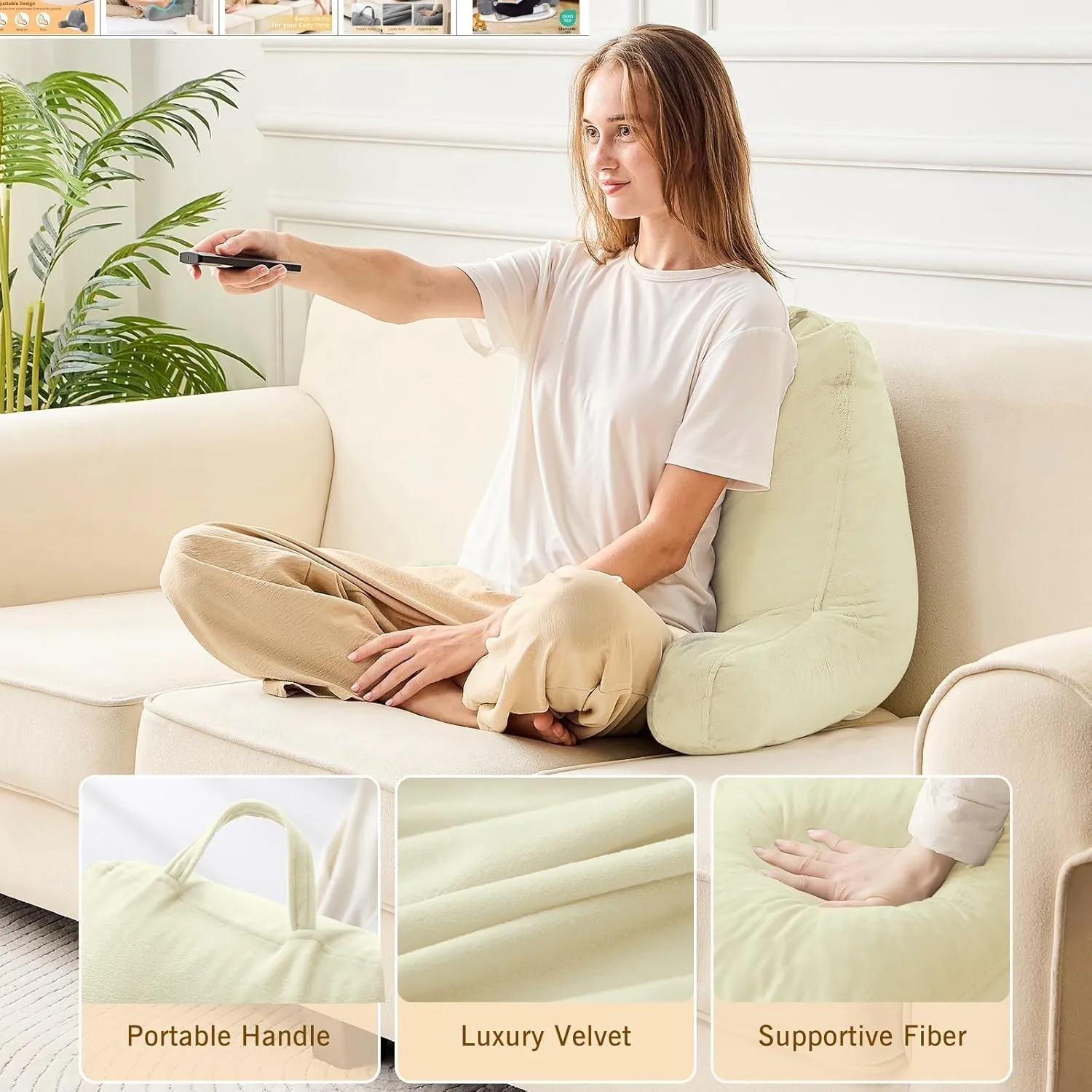 Sasttie Reading Pillow, Velvet Back Pillow for Bed Sitting Up, Adult Back-Rest Support Cushion with Arms for Sit Up on Couch, Sofa, and Floor, Dorm Essentials, Reading Accessories, Cream
