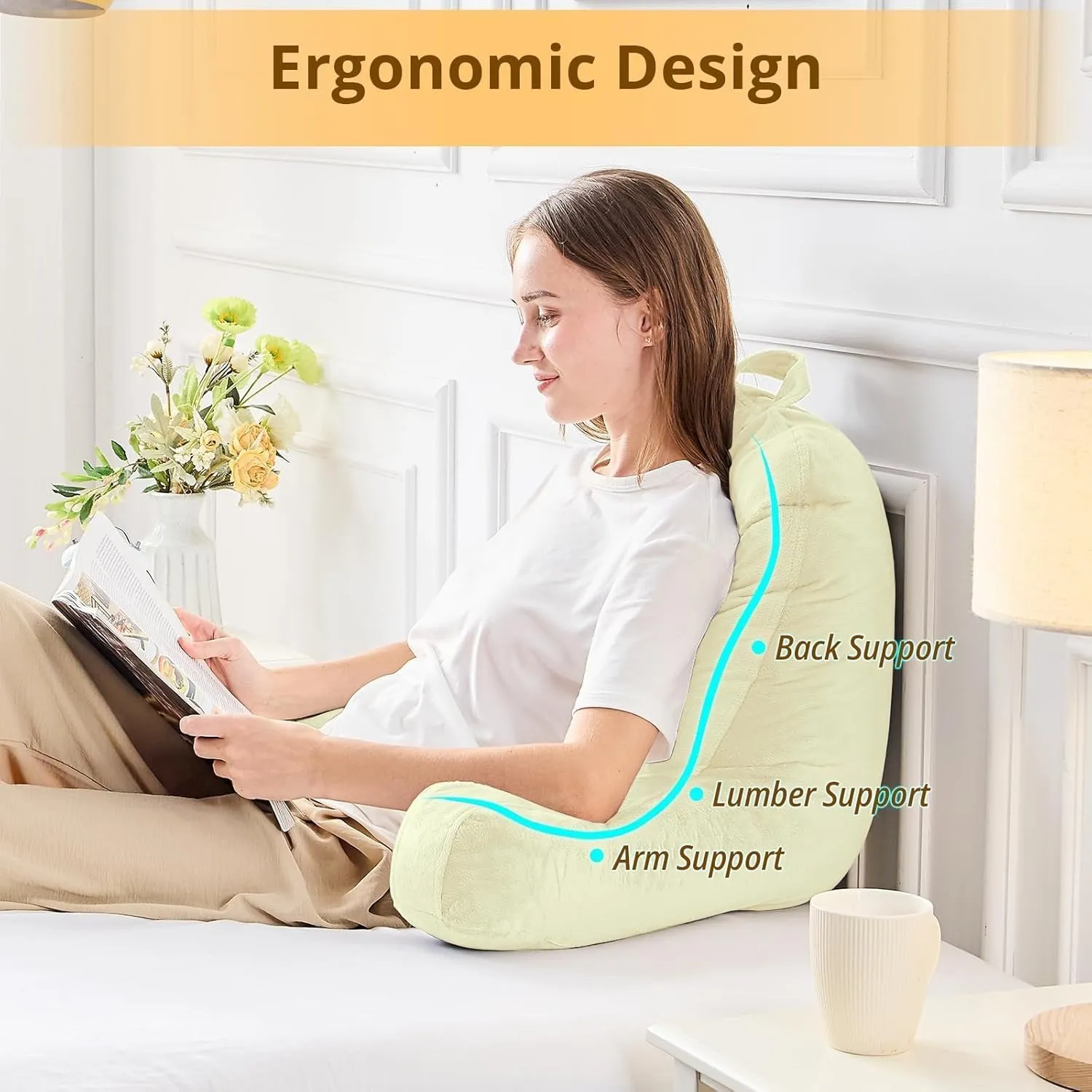 Sasttie Reading Pillow, Velvet Back Pillow for Bed Sitting Up, Adult Back-Rest Support Cushion with Arms for Sit Up on Couch, Sofa, and Floor, Dorm Essentials, Reading Accessories, Cream