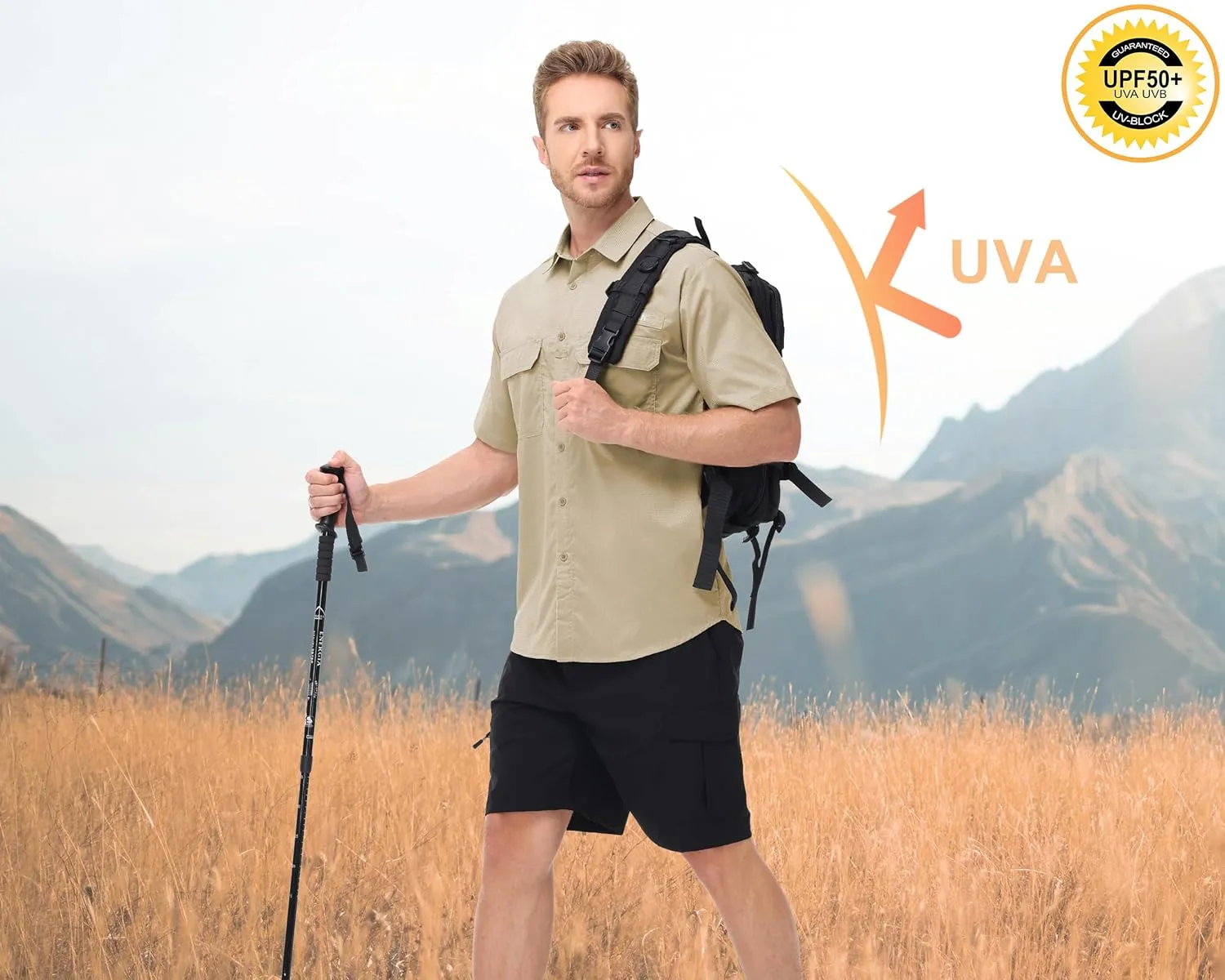 Satankud Fishing Shirts for Men Short Sleeve Sun Protection Cooling Hiking Shirt for Travel Safari Camping Work