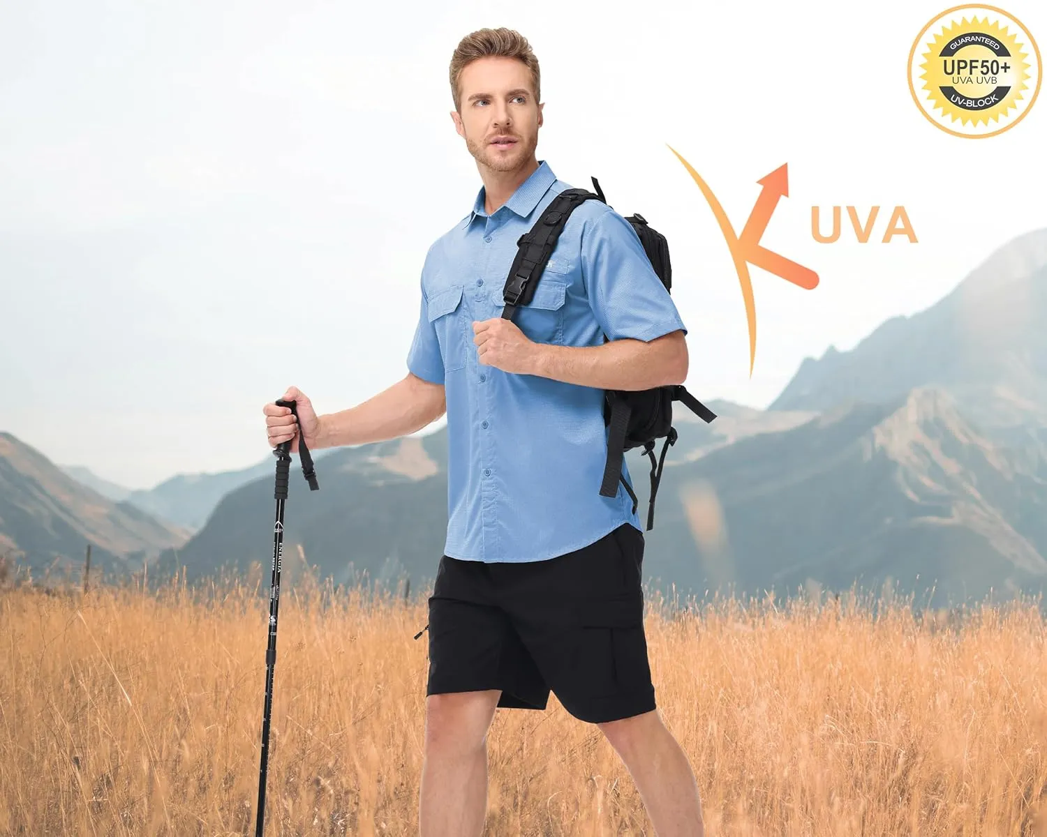 Satankud Fishing Shirts for Men Short Sleeve Sun Protection Cooling Hiking Shirt for Travel Safari Camping Work