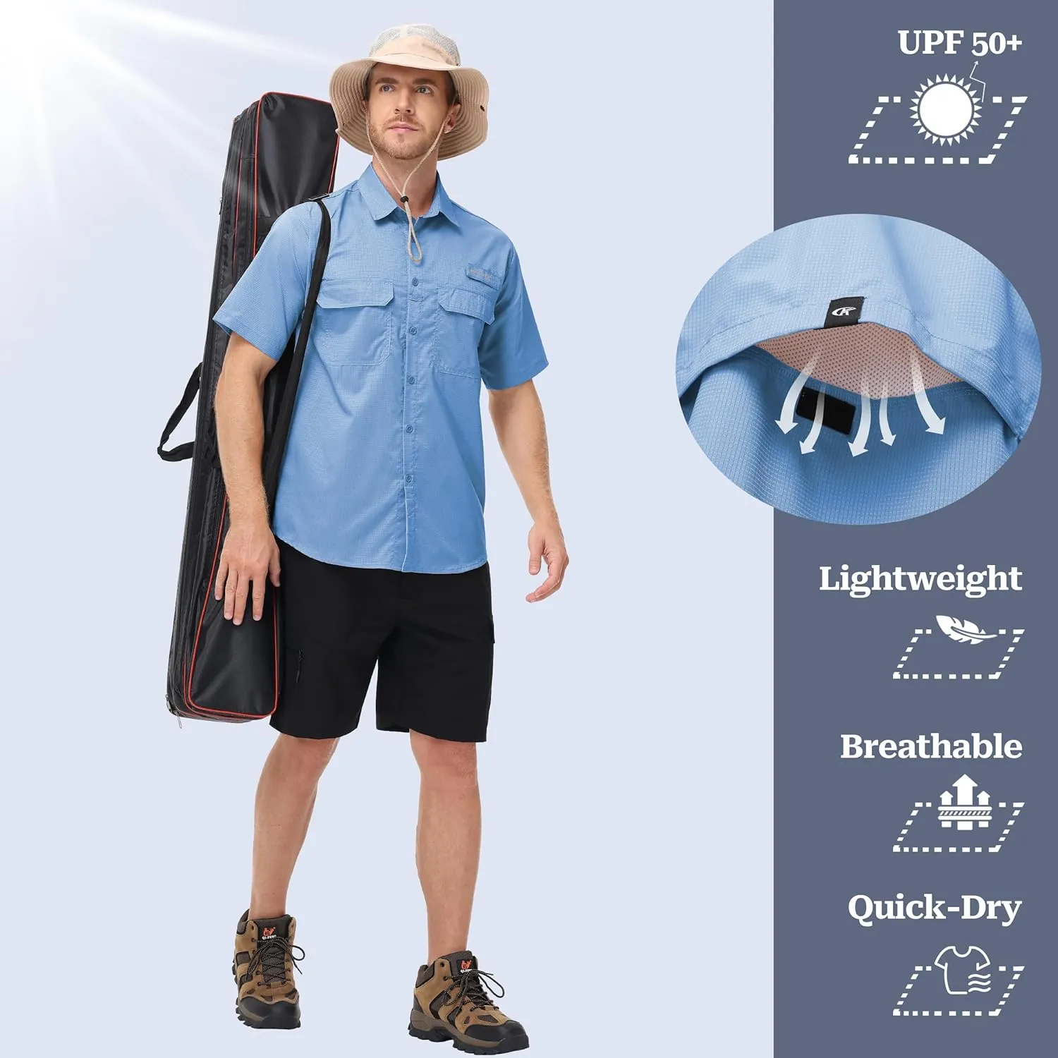 Satankud Fishing Shirts for Men Short Sleeve Sun Protection Cooling Hiking Shirt for Travel Safari Camping Work
