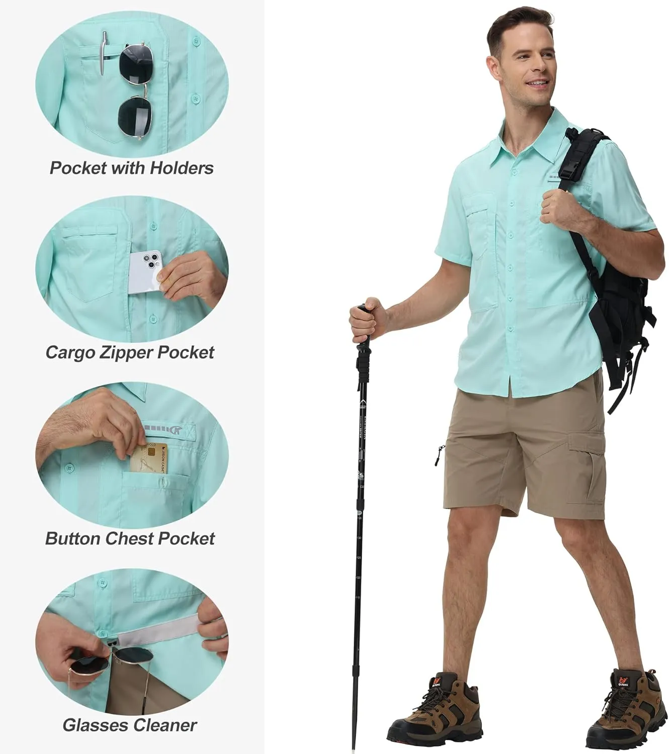 Satankud Men's Short Sleeve Lightweight Fishing Shirt UPF 50  Sun Protection Hiking Travel Work Button Down Shirt Zip Pocket