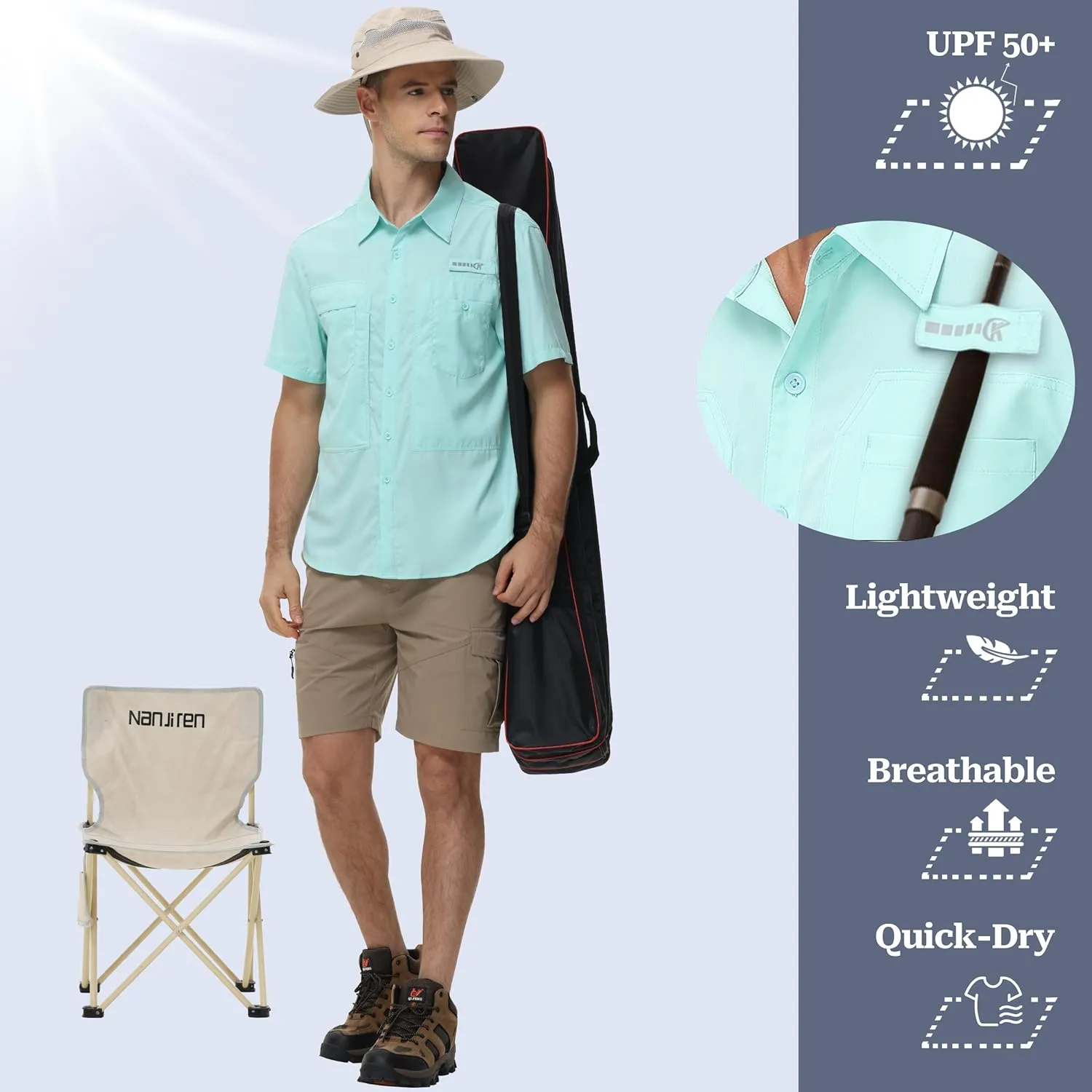 Satankud Men's Short Sleeve Lightweight Fishing Shirt UPF 50  Sun Protection Hiking Travel Work Button Down Shirt Zip Pocket