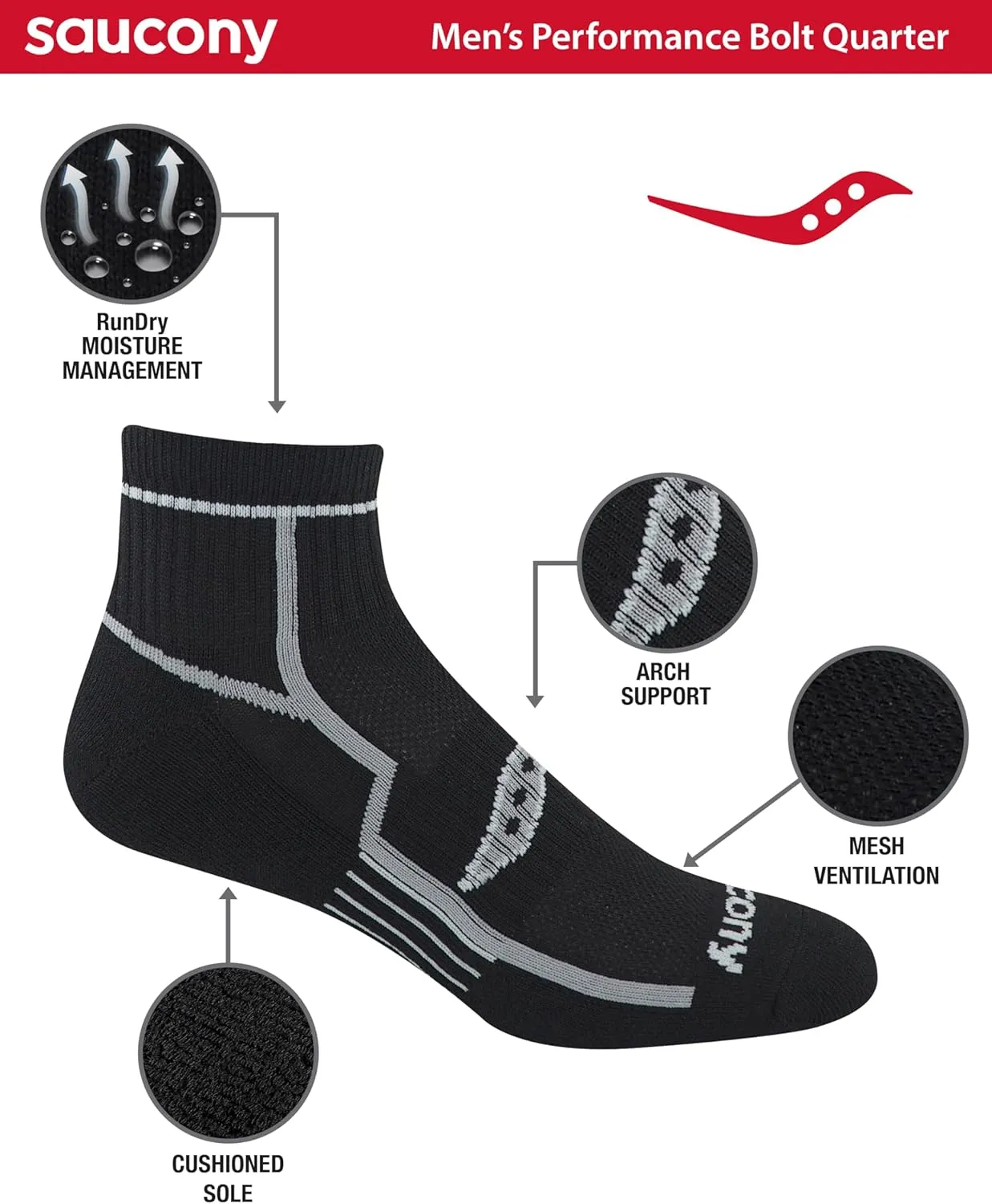Saucony Men's RunDry Bolt Performance Quarter Socks, Available in L-XL (6, 12 Pairs)