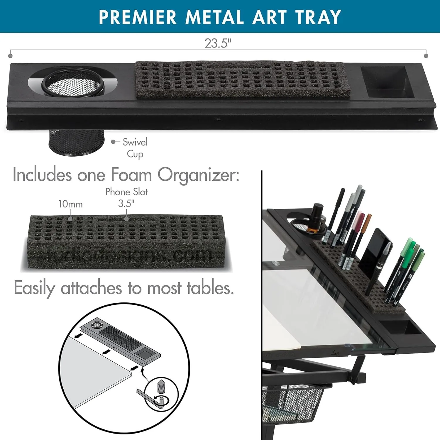 SD STUDIO DESIGNS Modern Premier Metal Tray for Art/Craft Table, 24 Inch, Black