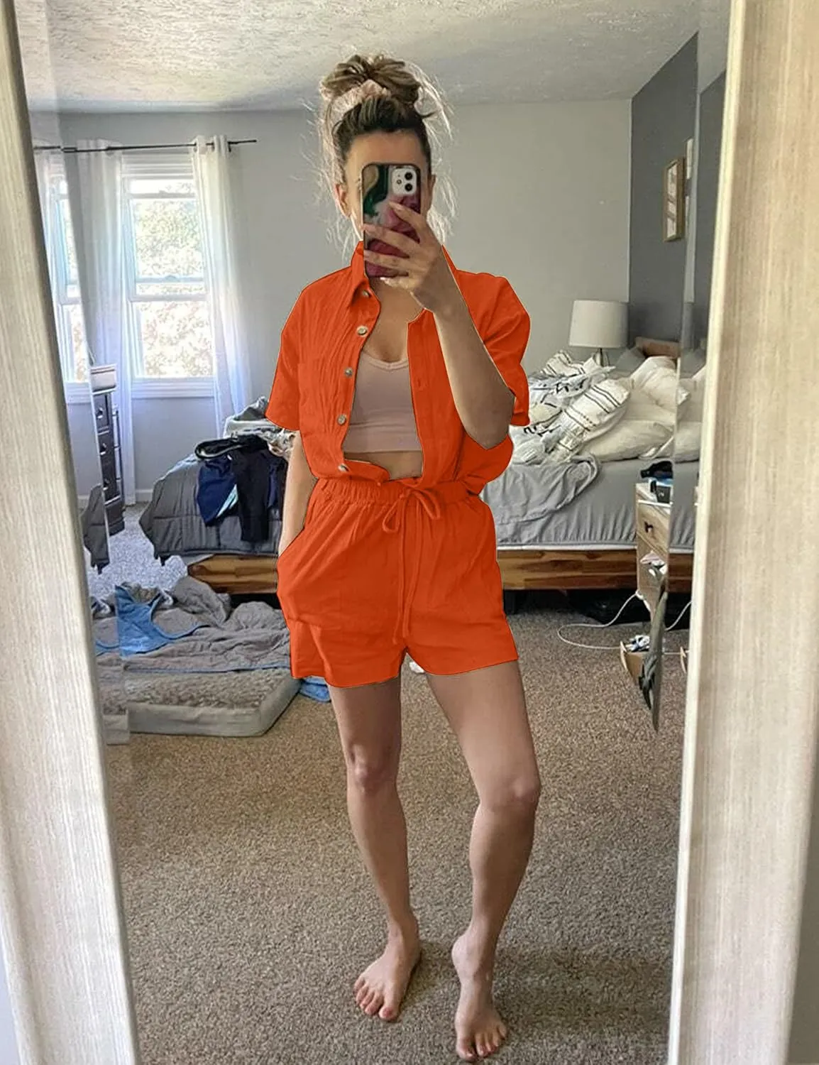 SeekMe Linen Short Sets for Women Short Sleeve Top Shorts 2 Piece Summer Beach Vacation Outfits Lounge Tracksuits