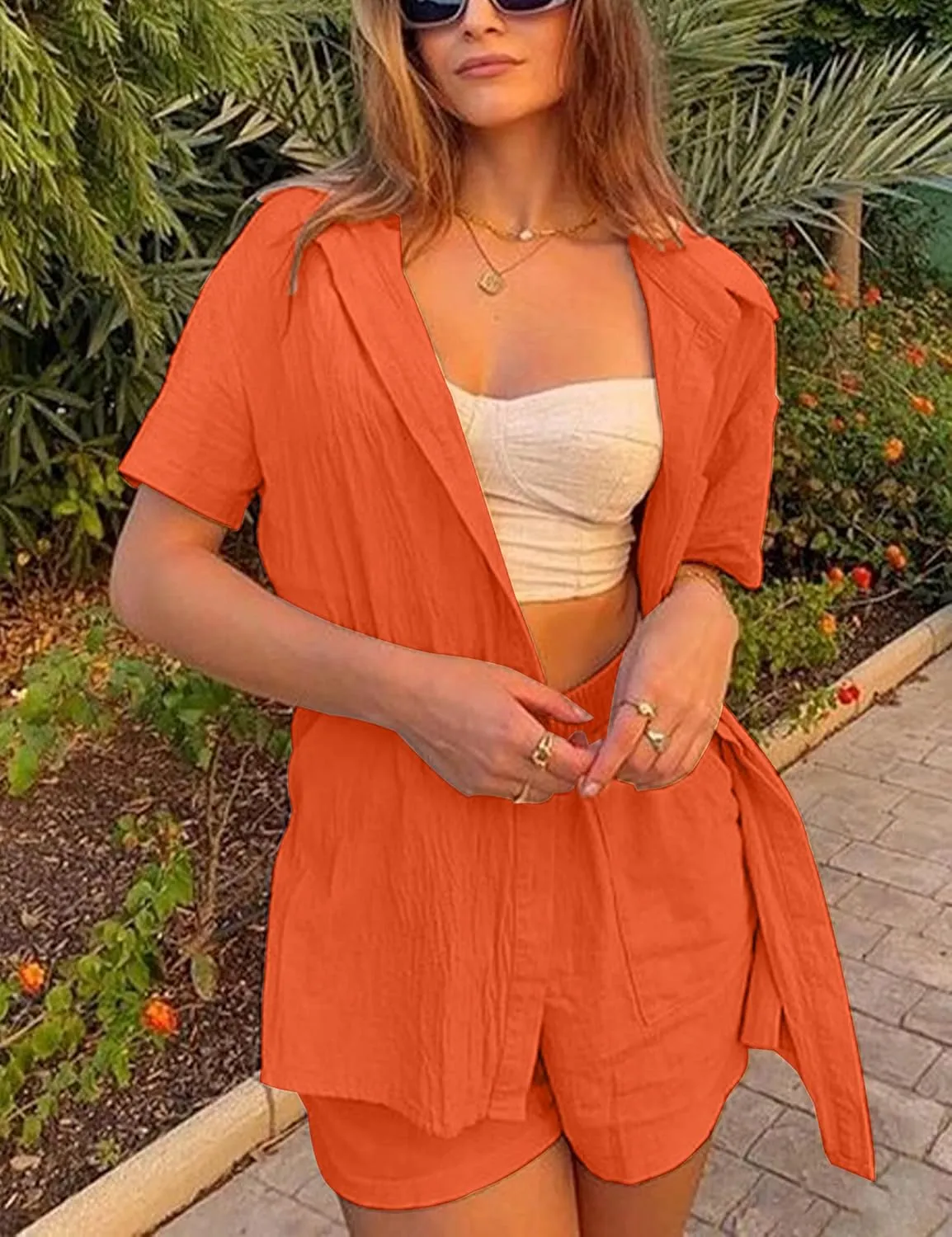 SeekMe Linen Short Sets for Women Short Sleeve Top Shorts 2 Piece Summer Beach Vacation Outfits Lounge Tracksuits