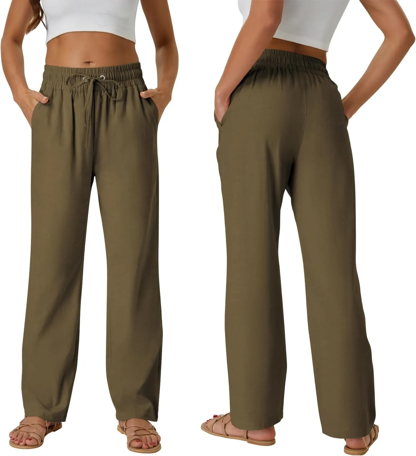 SEMARO Womens Casual Linen High Waist Pants Drawstring Loose Fit Summer Pants Trousers with Side Pockets