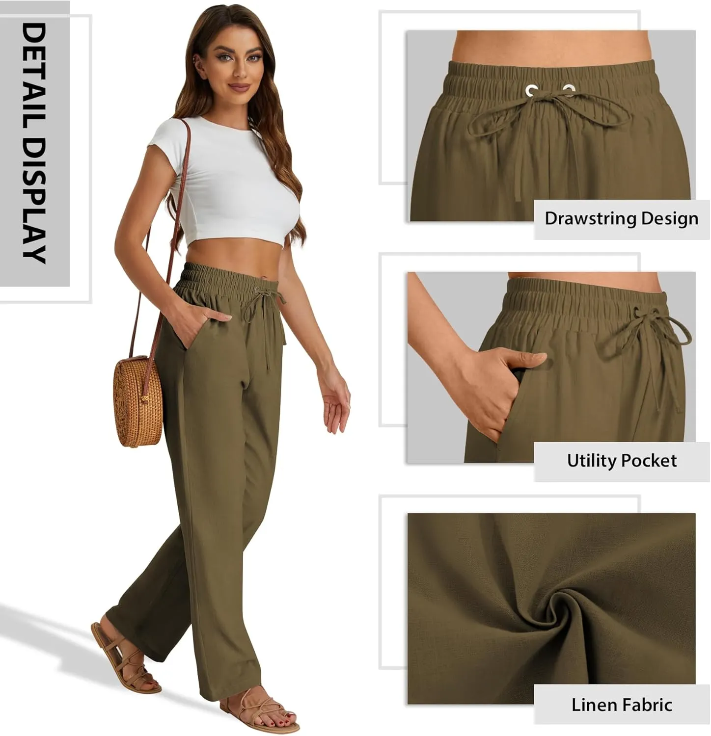 SEMARO Womens Casual Linen High Waist Pants Drawstring Loose Fit Summer Pants Trousers with Side Pockets