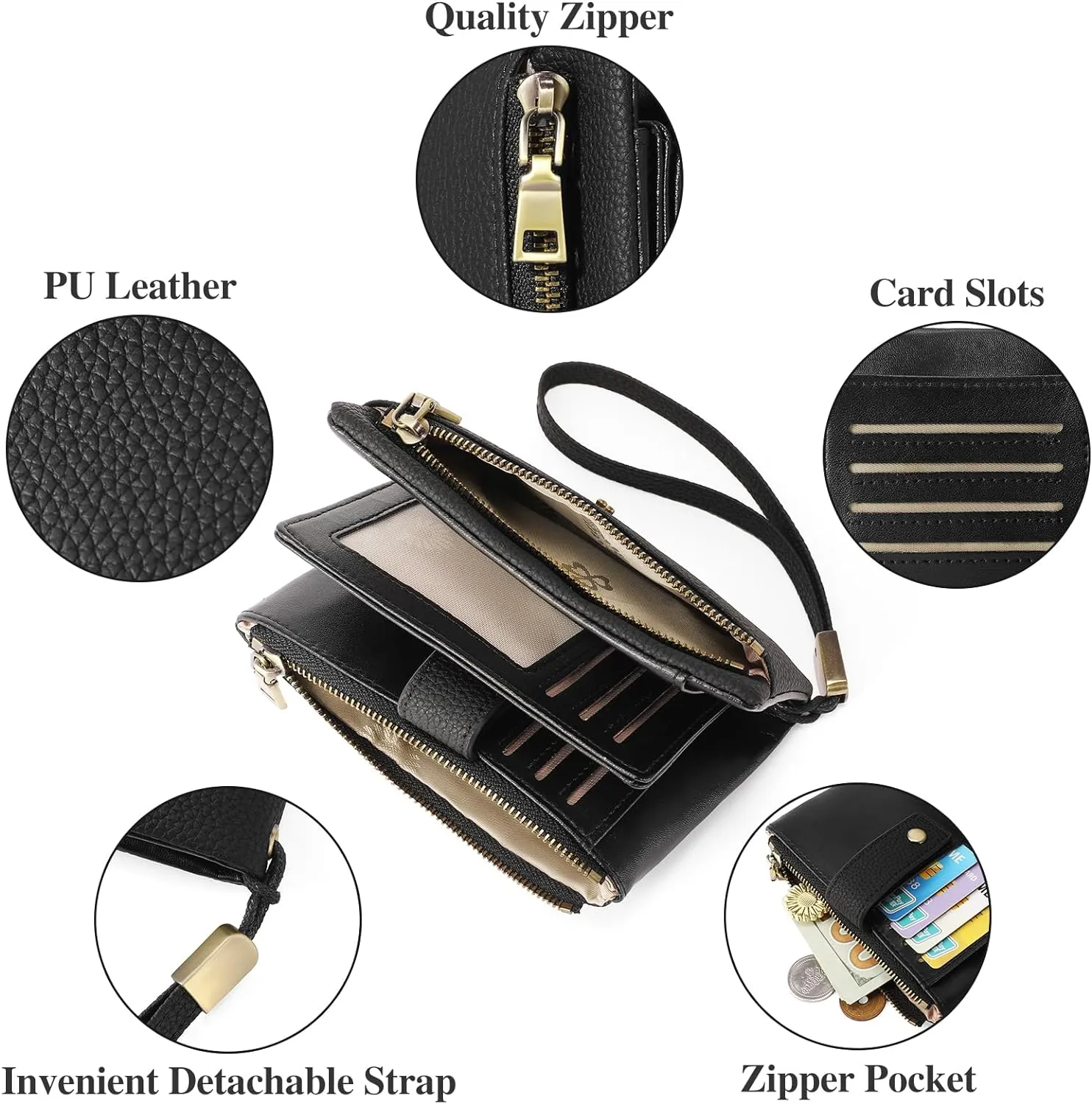 SENDEFN Small Wallet for Women Leather RFID Blocking Wristlet Wallet Credit Card Holder with Double Zipper Coin Purse Ladies Bifold Purse